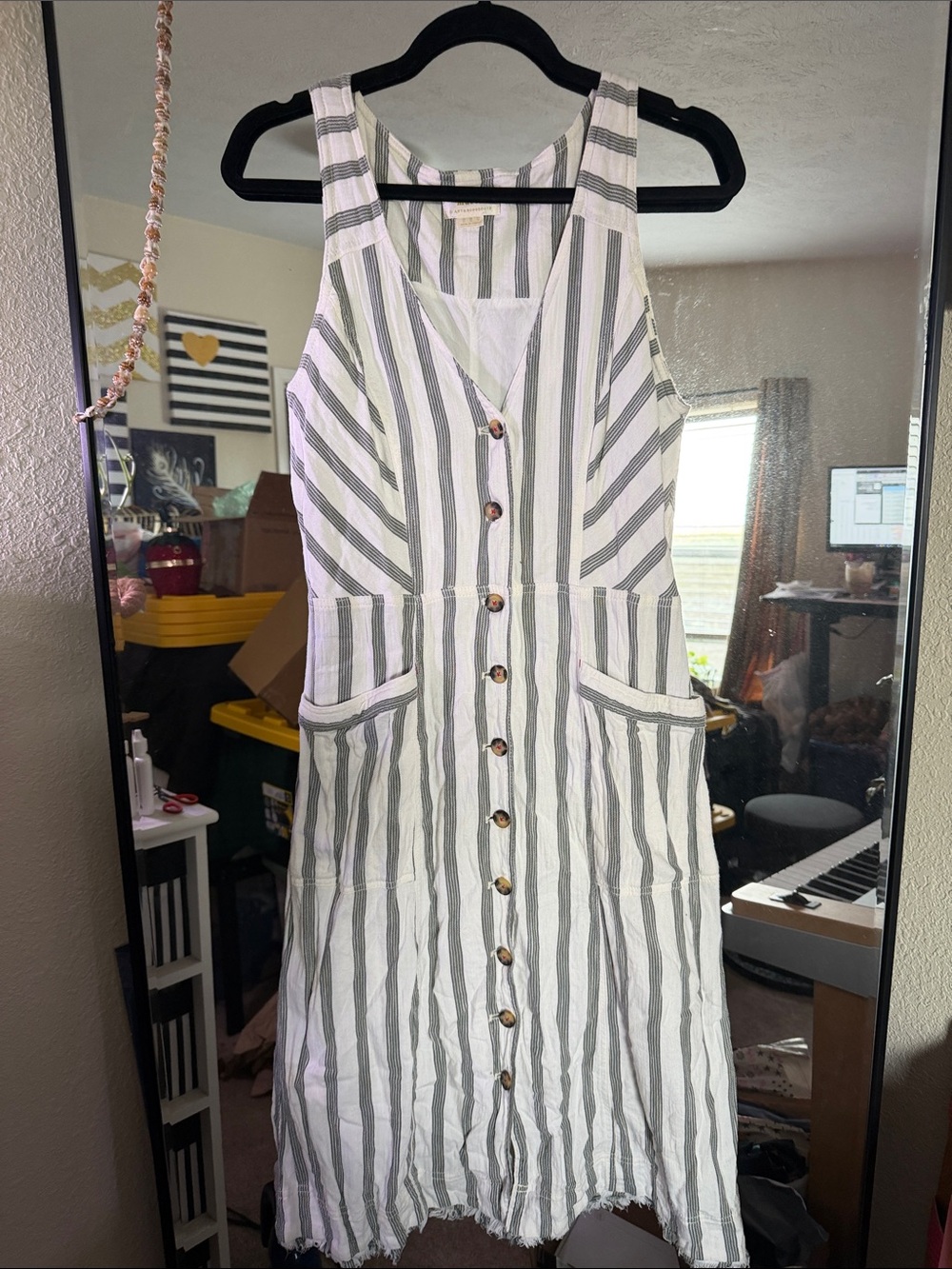 Maeve Sleeveless Vertical Stripe Button-Front Dress - White & Gray